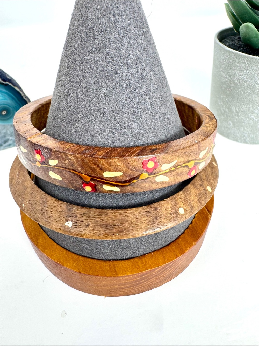 Artisan Wooden Bangle Bracelet with Red Floral Accents